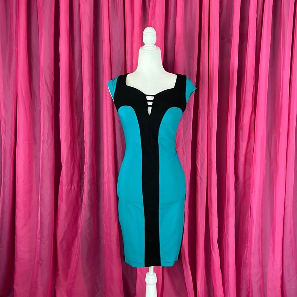 Dresscode LA Teal and black sheath wiggle dress, size medium